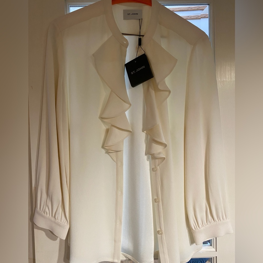 ST.JOHN- Cream Ruffle-Neck Blouse